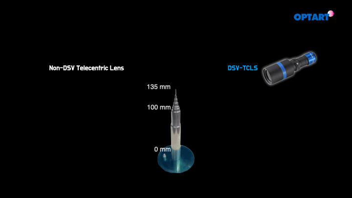 DSV-TCLS10005（倍率10） による観察例: 135mm の頂点以下、100mm、0mm と段差がある標本内の各エリアに焦点を合わせ、瞬時に合成できます。